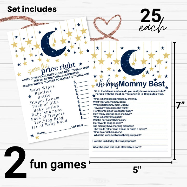 Navy & Gold Twinkle Little Star Baby Shower Game Set, Over or Under and Guess the Price Right