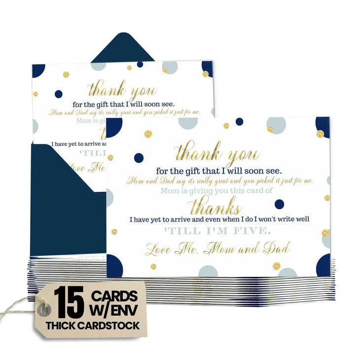 Navy and Gold Boys Baby Shower Thank You Cards - Sophisticated (15 Pack) with Blue Envelopes, 4x6