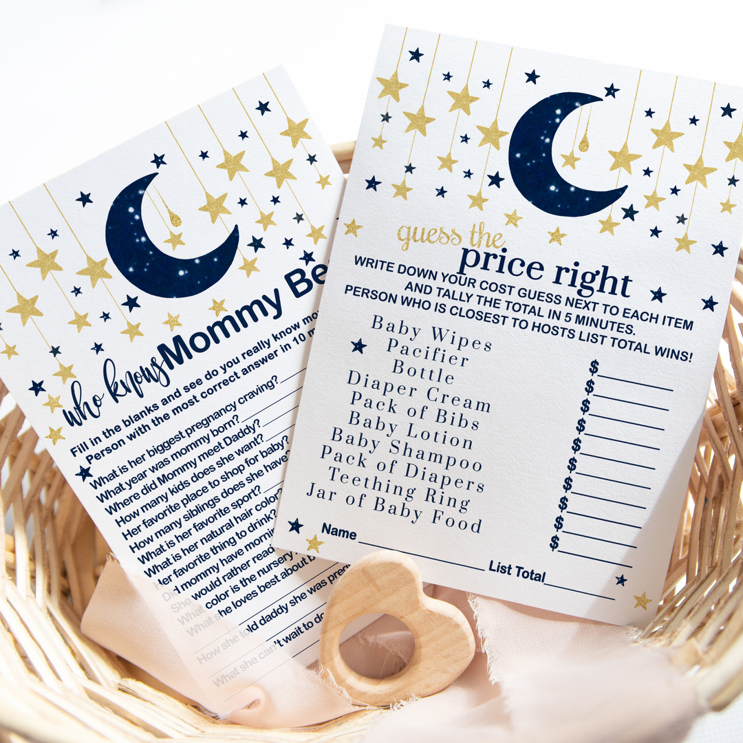 Navy & Gold Twinkle Little Star Baby Shower Game Set, Over or Under and Guess the Price Right - Paper Clever Party