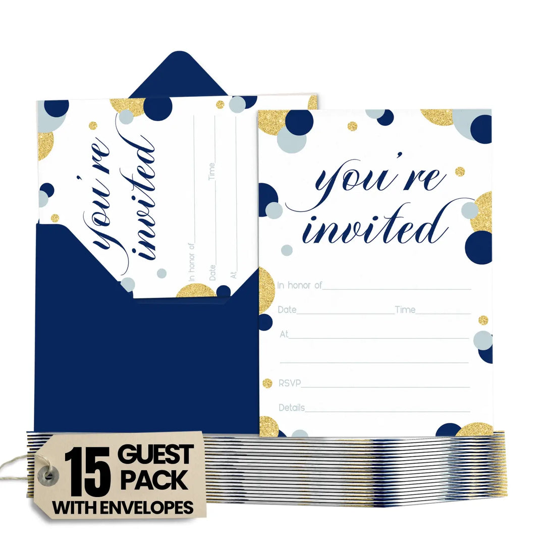 Royal Theme Navy and Gold Invitations - Blank 4x6 Cards (15 Pack)