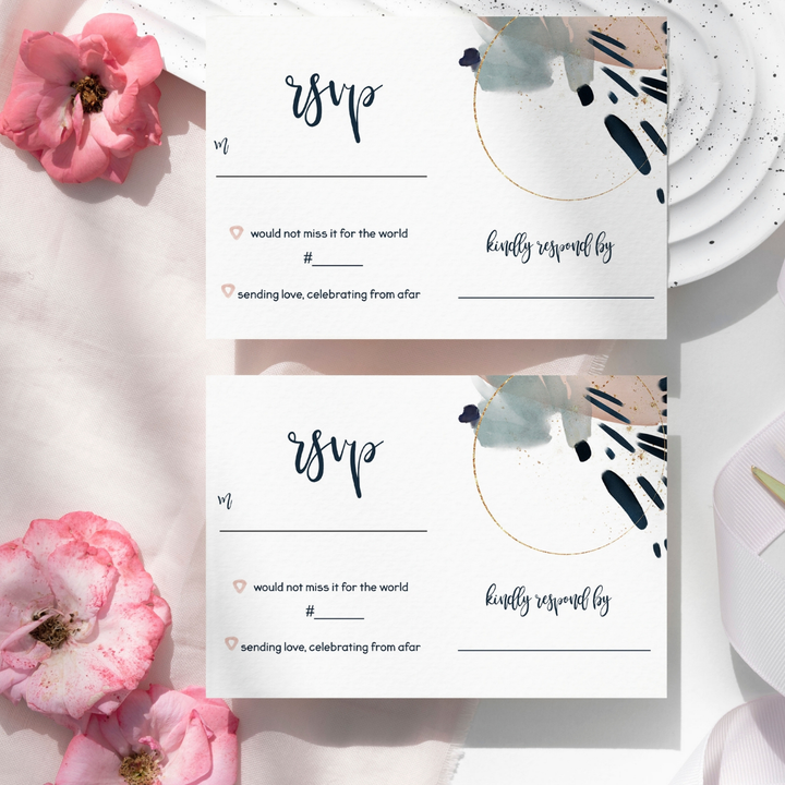 Blue Rose Watercolor Modern RSVP Cards - Chic Wedding Response Set, 3.5x5, Envelopes Included, 25 Pack - Paper Clever Party