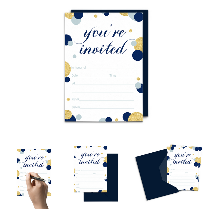 Royal Theme Navy and Gold Invitations - Blank 4x6 Cards (15 Pack) - Paper Clever Party