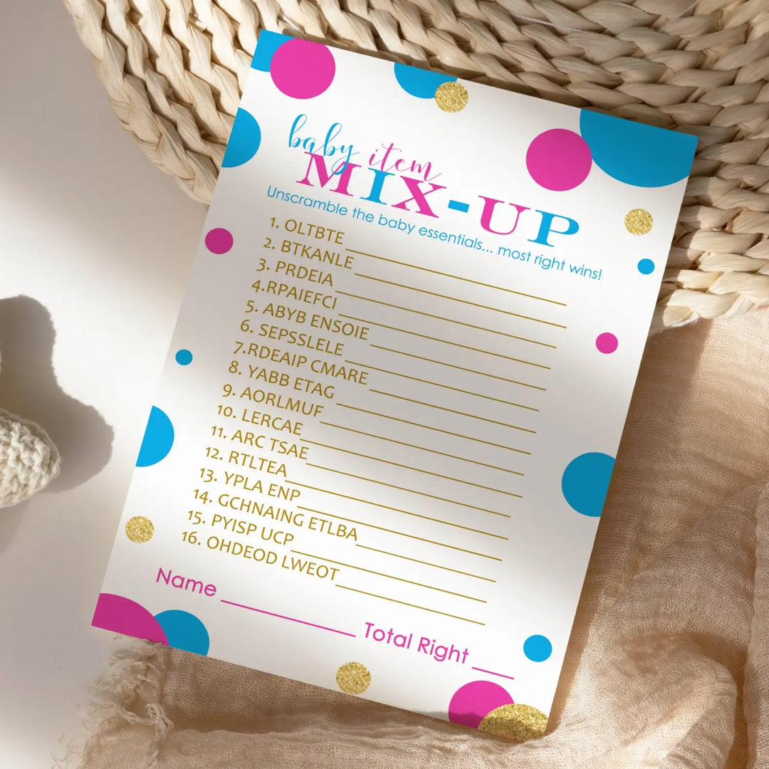 25-Pack Gender Reveal Baby Shower Word Scramble Game - Pink & Blue Gold Party, Fun Guessing Activity