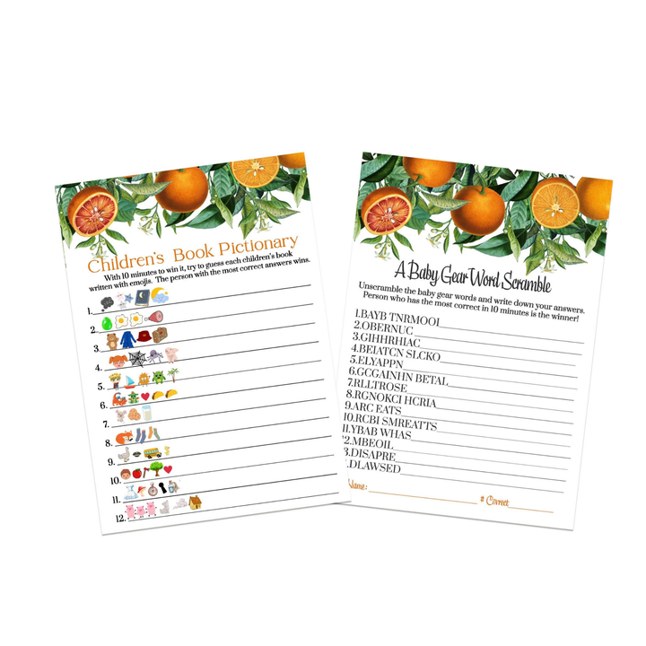 Orange Baby Shower Game Set, Word Scramble & Emoticon Storybook Guess, 5x7 Cards (25 ct) - Paper Clever Party