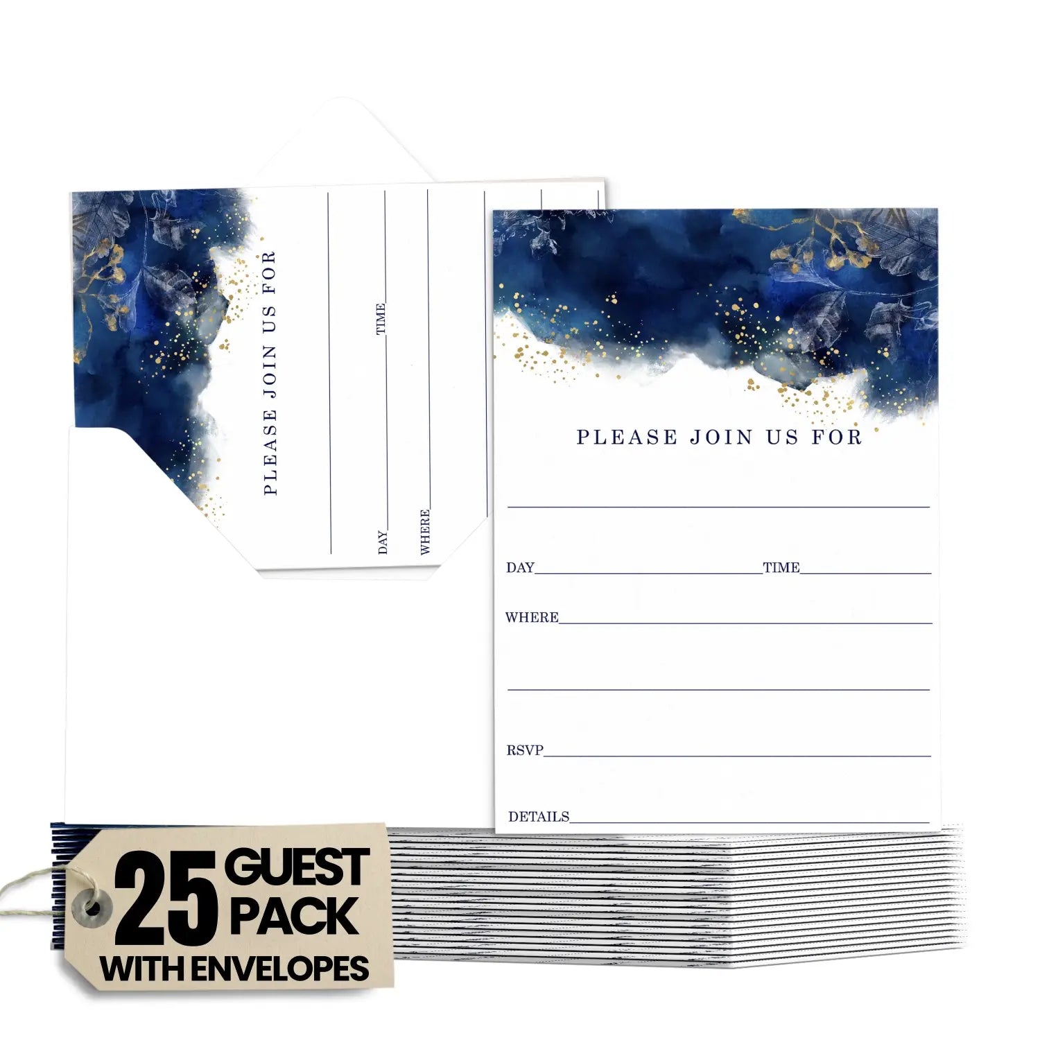 Blue and gold watercolor floral invitations with envelopes 25 pack 5x7 blank cards for all occasions