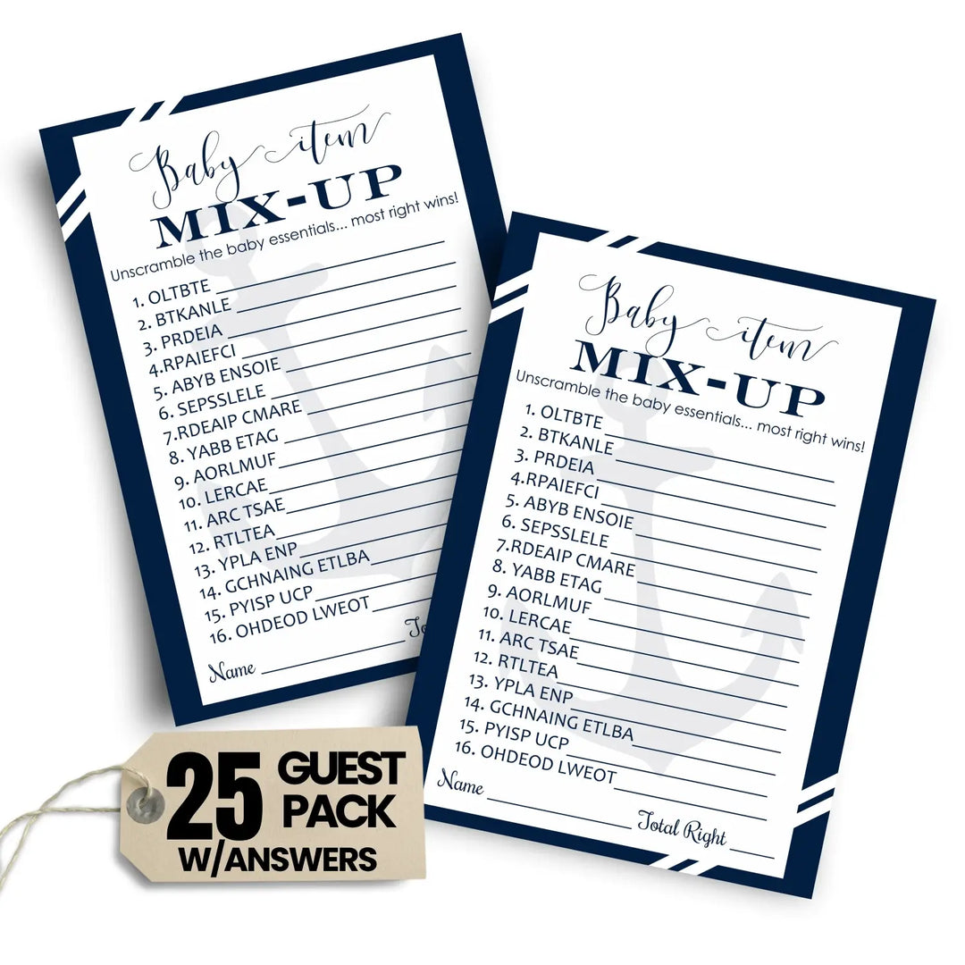 Nautical Baby Shower Games Boy - Word Scramble Cards, Fun Activities for Guests, Anchor Theme Party Favors, 25 Pack