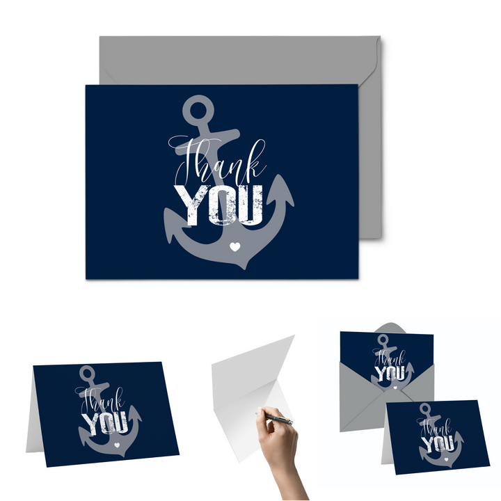 Classic Nautical Anchor Thank You Cards - 20-Pack for Showers, Weddings, and More - Paper Clever Party