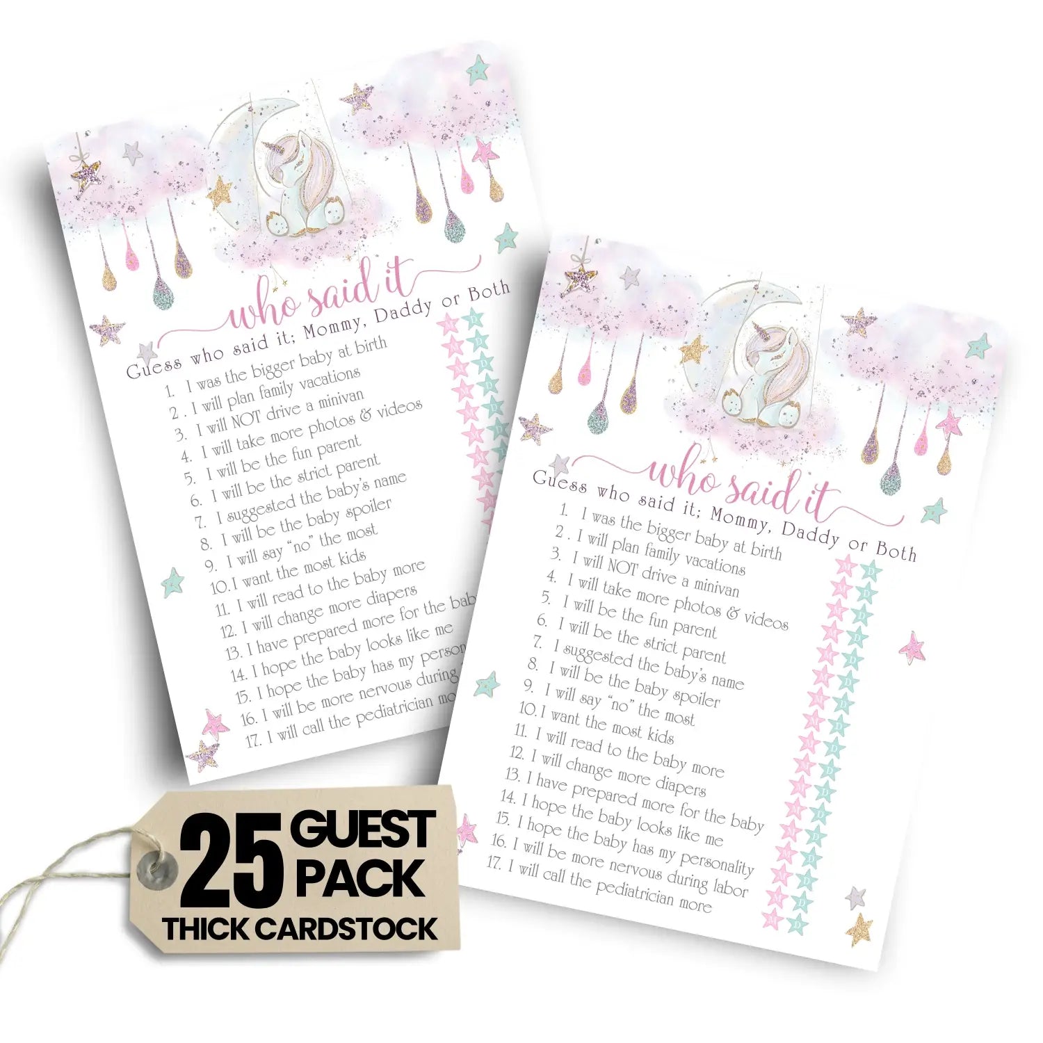 Unicorn mommy or daddy baby shower game - 25 pack guess who activity cards girls rainbow stars themed printed 5x7 set