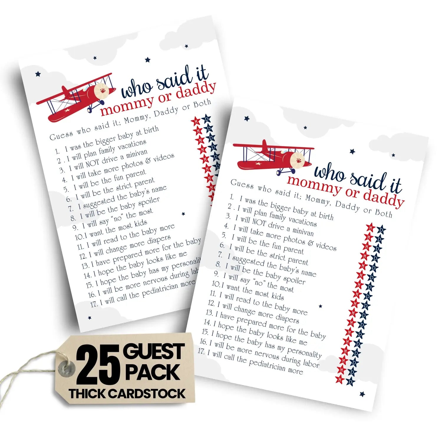 Airplane mommy or daddy baby shower game - 25 pack guess who activity cards red and blue gender reveal printed 5x7 set
