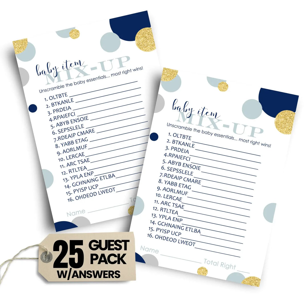 Navy & Gold Baby Shower Games Boy - Word Scramble Cards, Fun Gender Reveal Ideas, Royal Prince Themes, 25 Pack