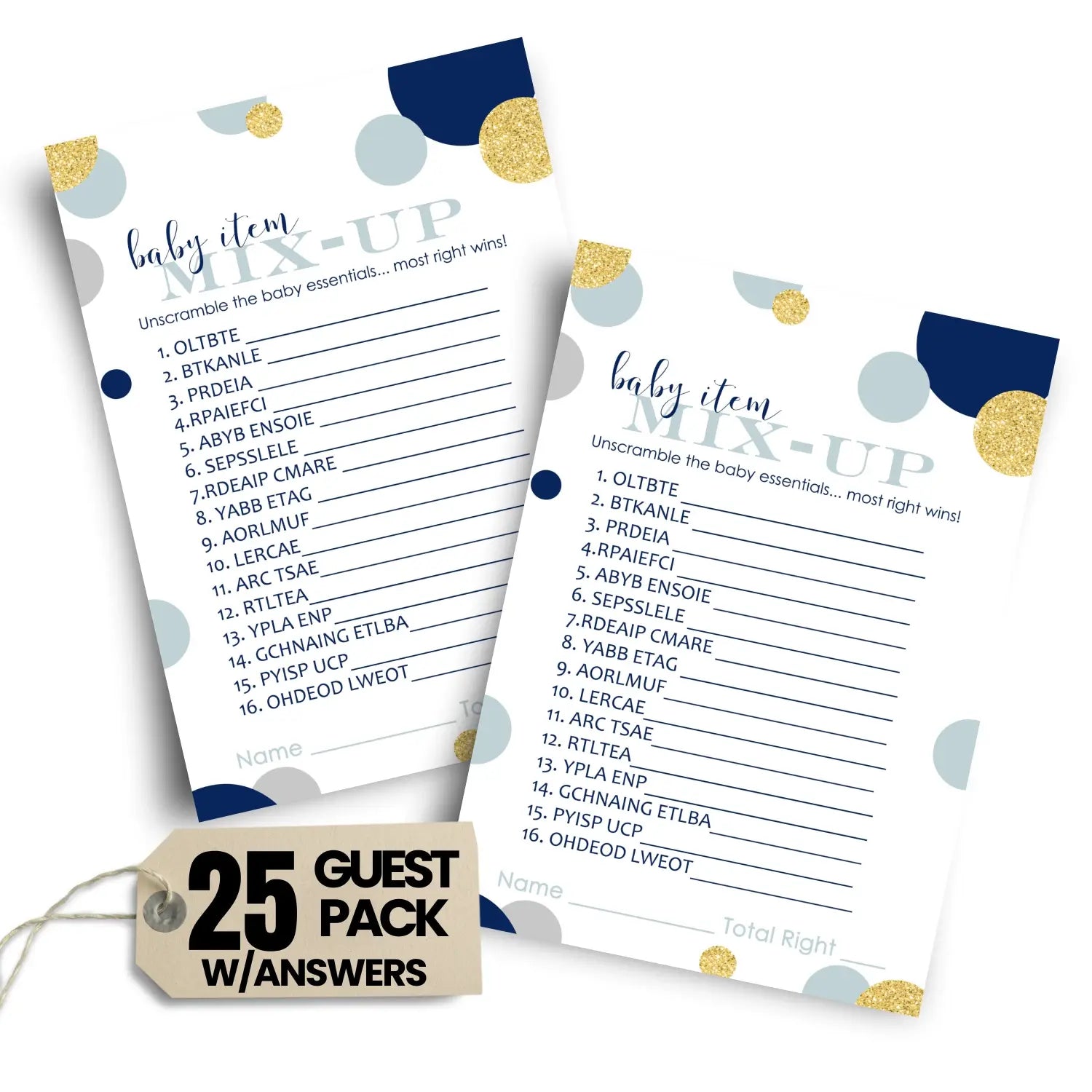 Navy & gold baby shower games boy - word scramble cards fun gender reveal ideas royal prince themes 25 pack - party