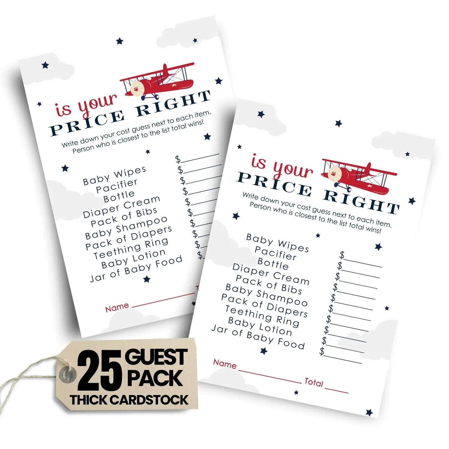 Airplane guess the price baby shower games – 25 guests adventure themed activities for boys red and blue 4x6 card set