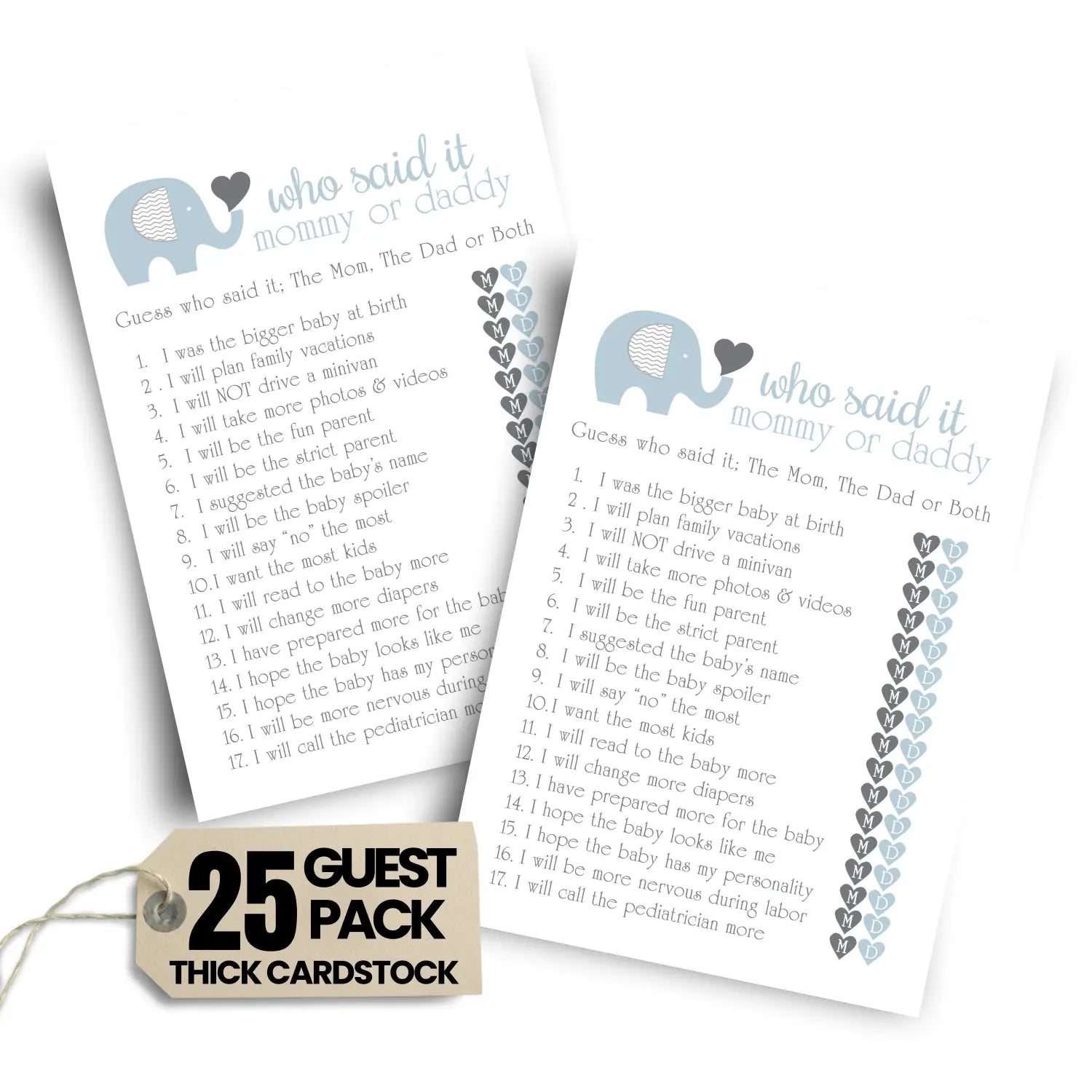 Blue elephant baby shower games mommy or daddy - 25 pack fun guess who activity cards for royal jungle animals printed