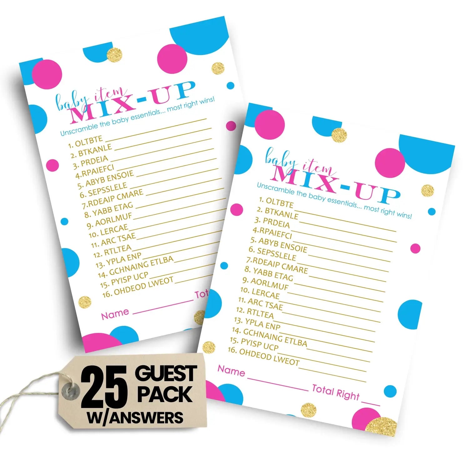 25-pack gender reveal baby shower word scramble game - pink & blue gold party fun guessing activity - games