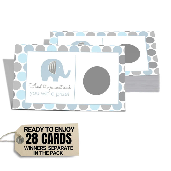 Baby Shower Games Elephant - 28 Cards - Fun Scratch Off Game Guest Activities to Reveal Prizes, Safari Favors Ideas Prince Theme Blue and Grey