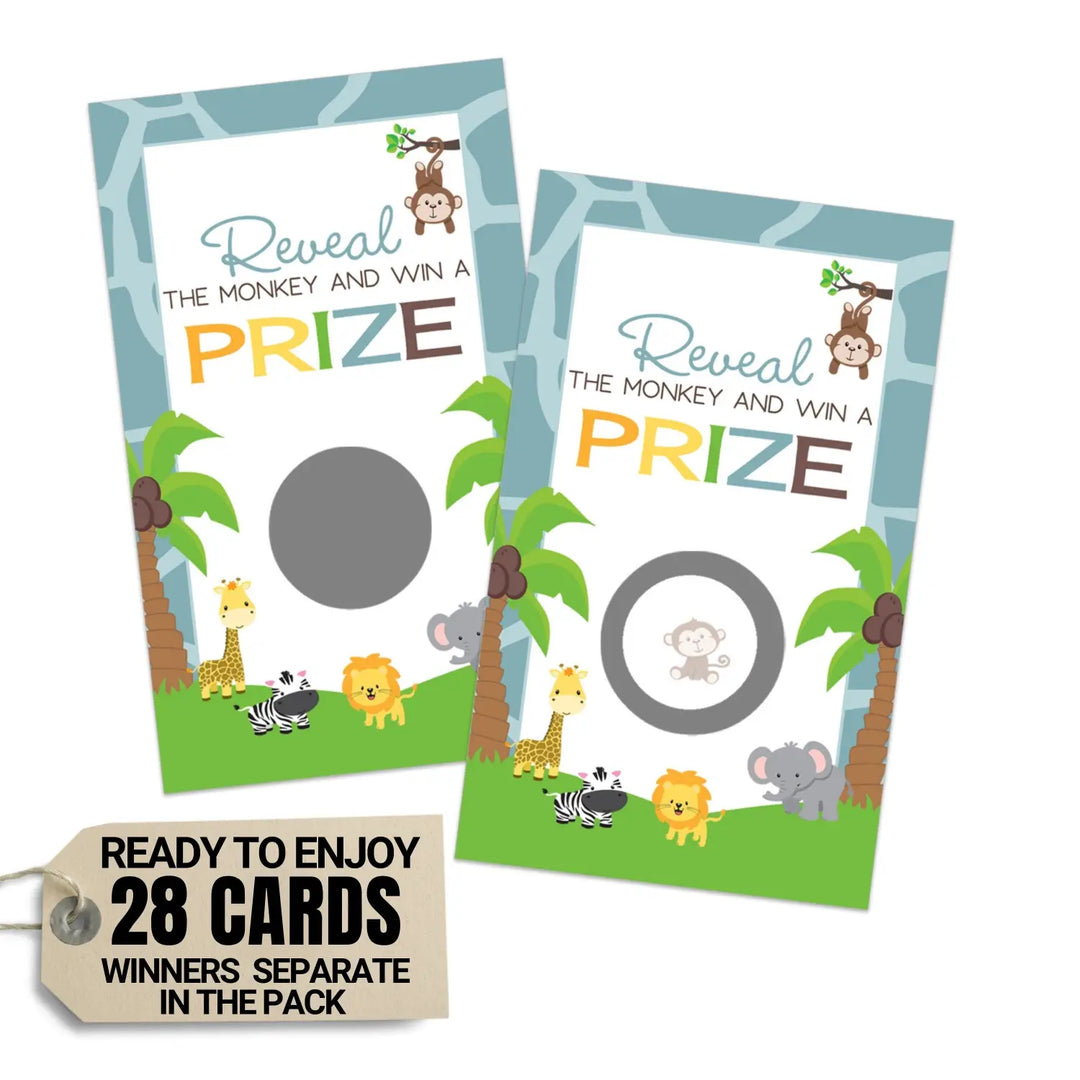 Baby Shower Games Gender Neutral - 28 Cards - Fun Scratch Off Game Guest Activities to Win Prizes Safari Favors Ideas Cute Jungle Theme Girl or Boy