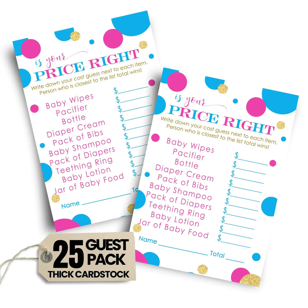 Gender Reveal Guess the Price Baby Shower Games – 25 Guests, Pink and Blue Themed Activities, Neutral Baby Shower Ideas, 4x6 Card Set