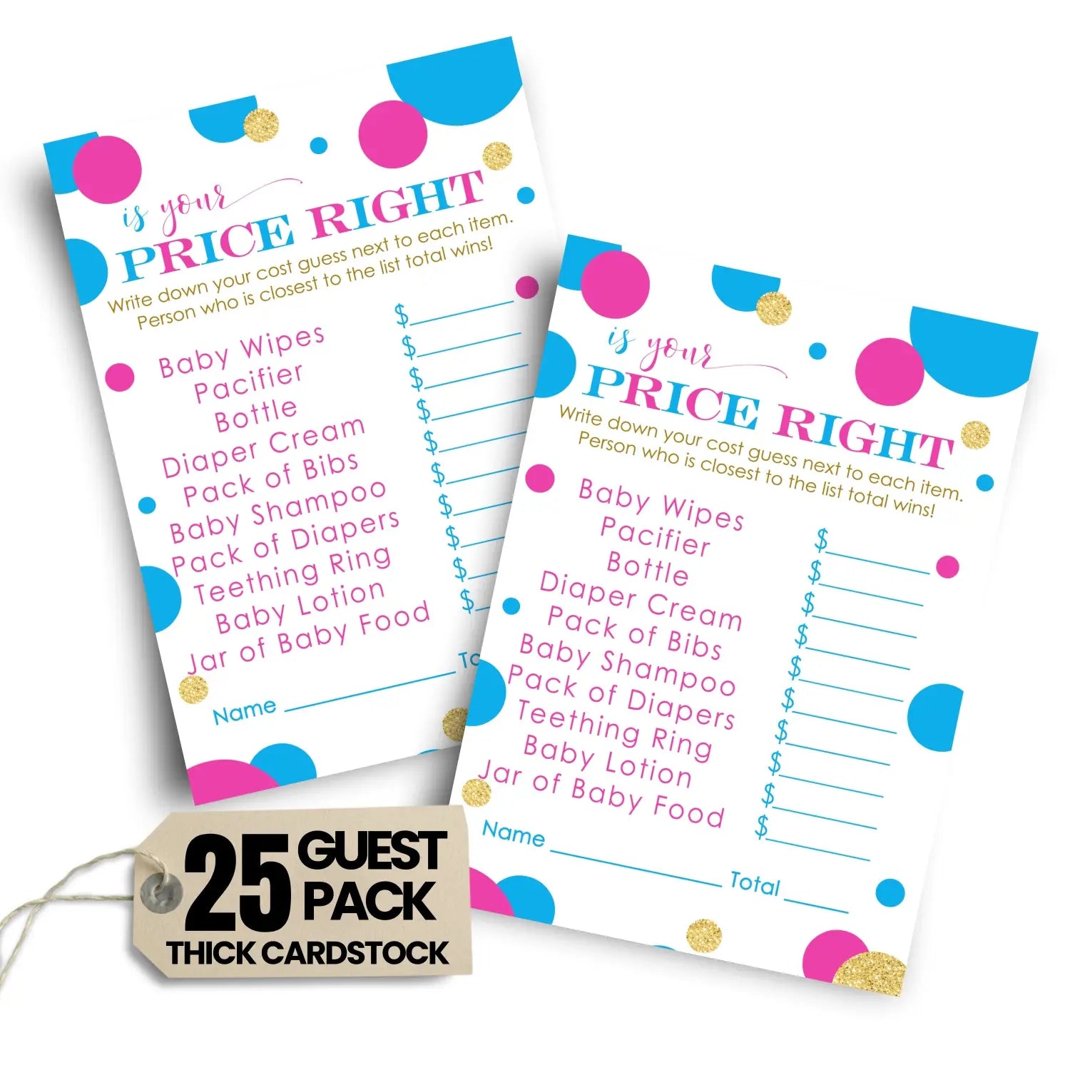 Gender reveal guess the price baby shower games – 25 guests pink and blue themed activities neutral ideas 4x6 card set