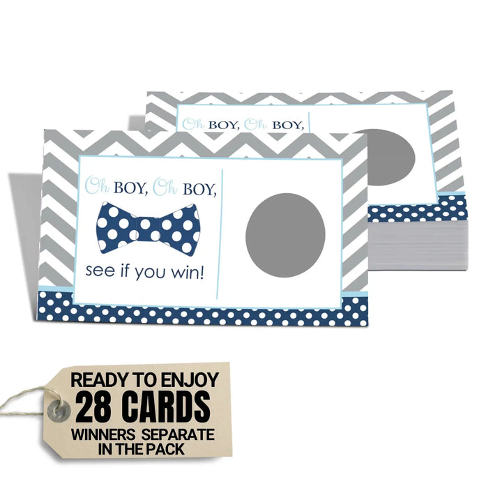 Baby Shower Games for Boy - 28 Cards - Fun Scratch Off Game Guests Activities to Reveal Prizes, Little Man Theme Favors Bowtie Ideas Blue and Grey