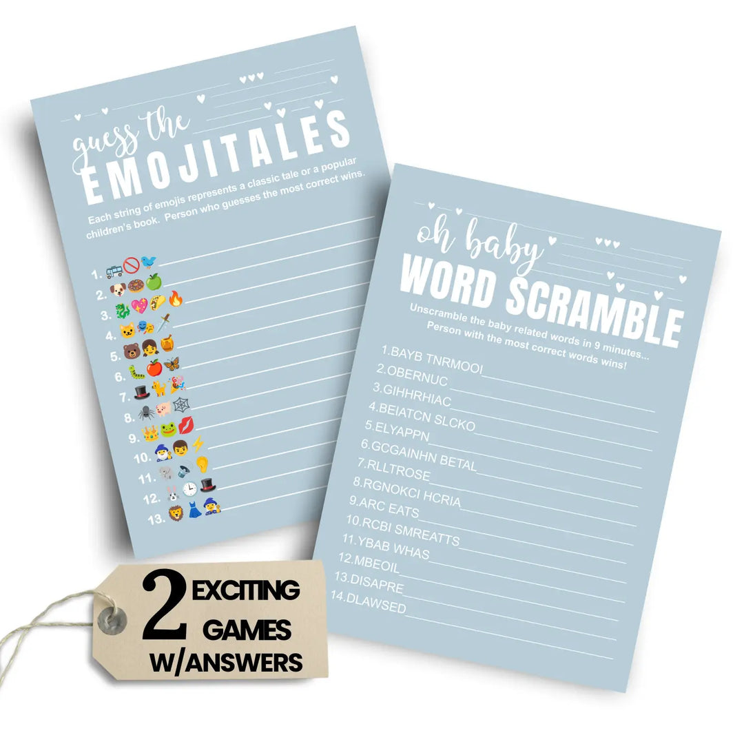 Blue Baby Shower Game Set - Word Scramble and Guess the Pictograms Titles, 5x7 Double-Sided Cards, 25 Pack with Answer Key