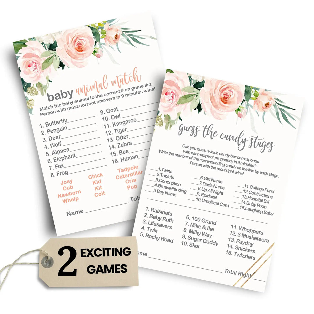 Graceful Baby Shower Game Set, Rustic Pink Floral Greenery, Animal Match and Candy Bar Guessing