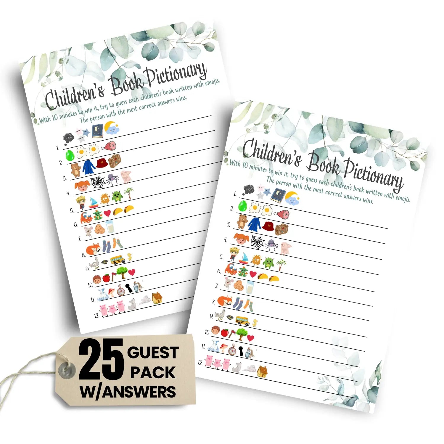 Paper clever party greenery baby shower pictogram guessing game - rustic floral eucalyptus design for girls interactive