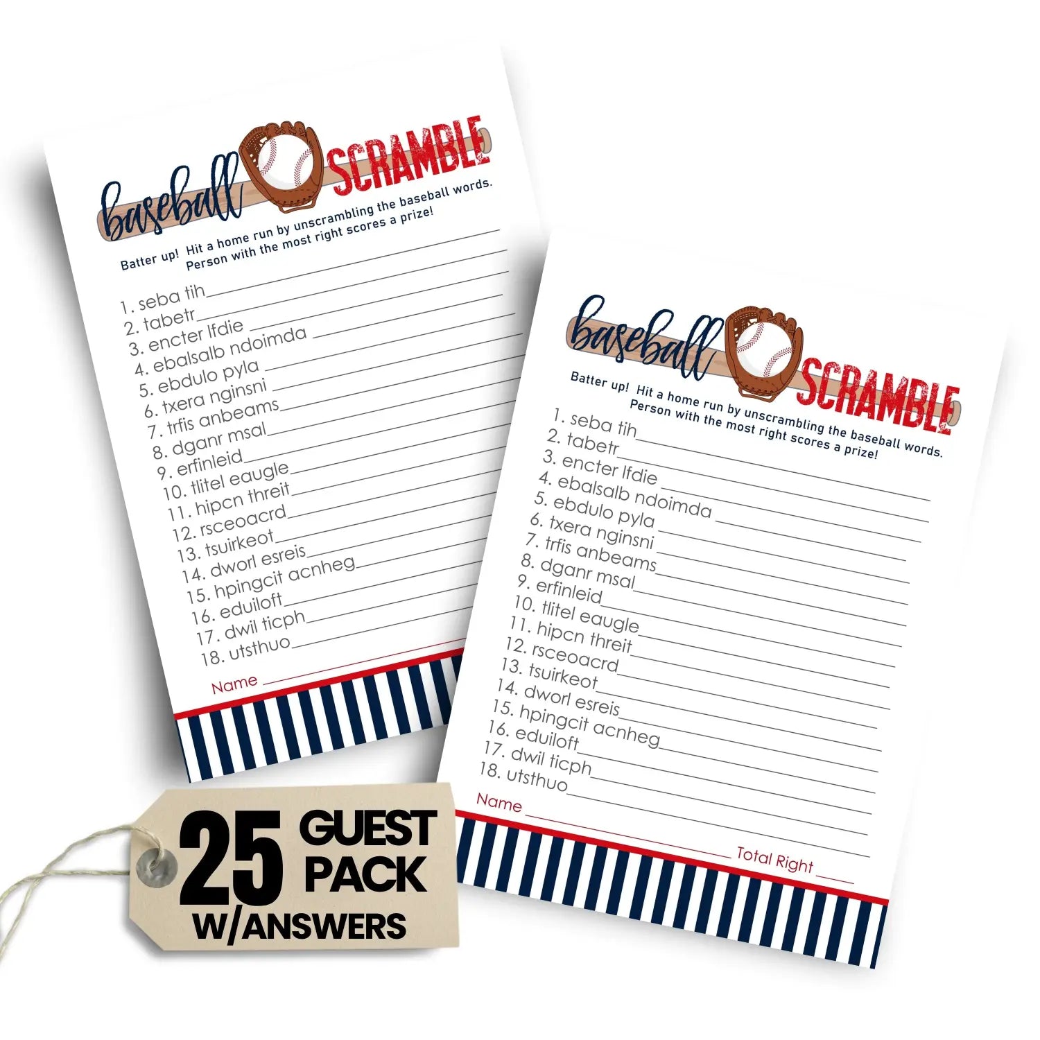 Baseball word scramble baby shower games - fun unscramble activities for gender reveal red and blue themes 25 cards