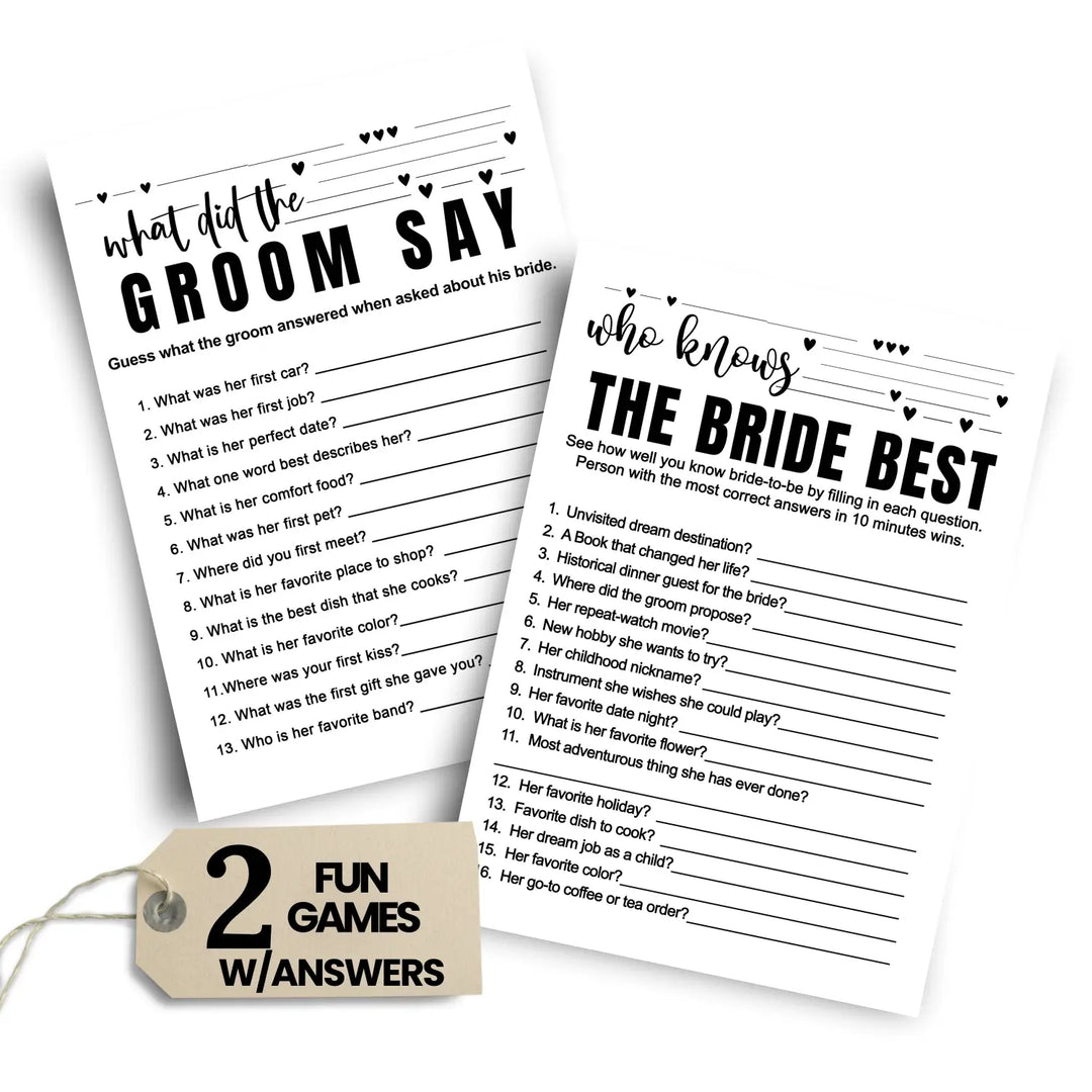 Paper Clever Party Bridal Shower Games - 25 Cards - What Did the Groom Say & Who Knows the Bride Best Wedding Activity - Engagement, Rehearsal Dinner, Modern Black and White Design