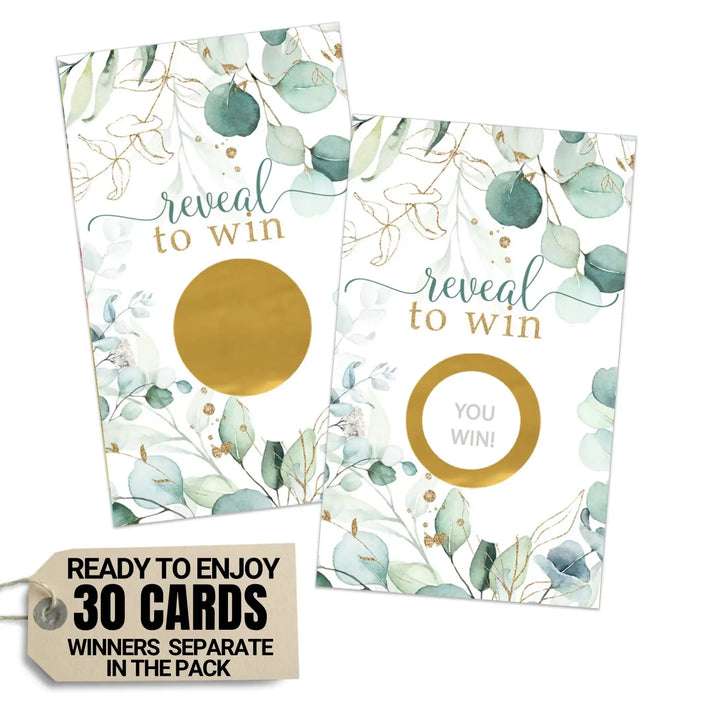 Bridal Shower Games - 30 Pack - Fun Scratch Off Raffle Cards Wedding Shower Game Engagement or Reception Ideas, Sage and Gold Eucalyptus Themes