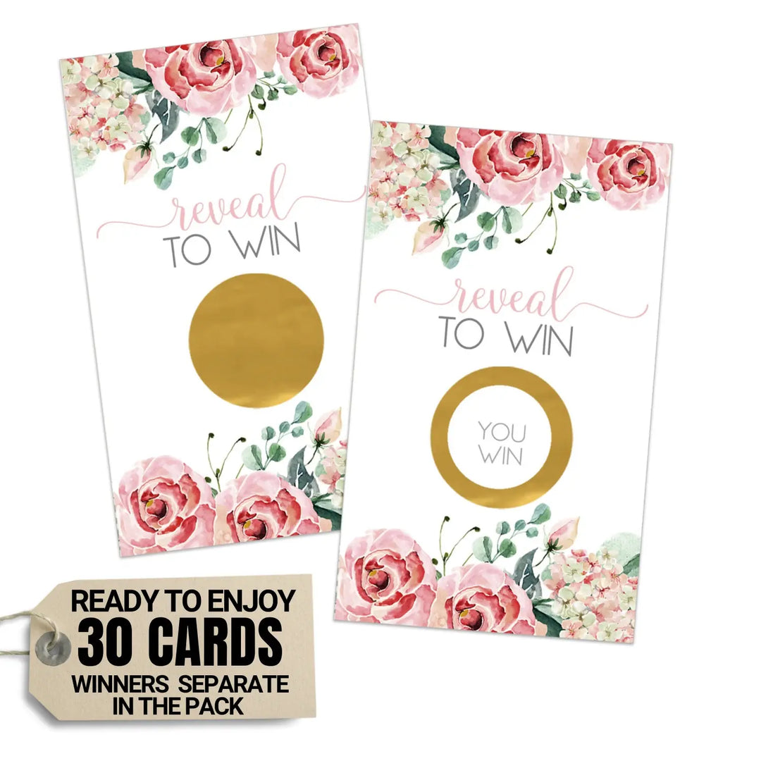 Pink Bridal Shower Games - 30 Pack - Scratch Off Raffle Cards Fun Ideas for Wedding Activities, Lottery Tickets or Door Prizes, Charming Botanical Floral Themes