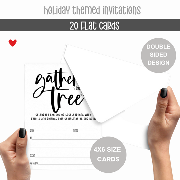 Elegant Black & White Christmas Tree Invitations - “Gather Around Our Tree” - 20 Pack - Paper Clever Party