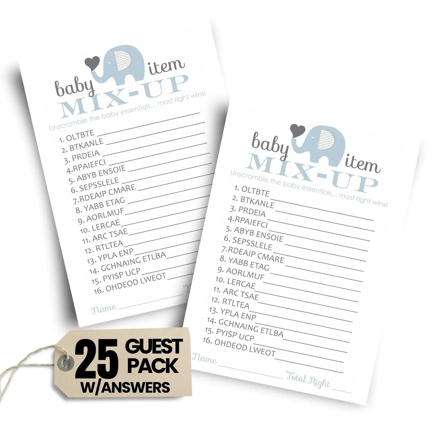 Blue elephant baby shower games boy - word scramble activities for prizes jungle theme decorations 25 cards - party