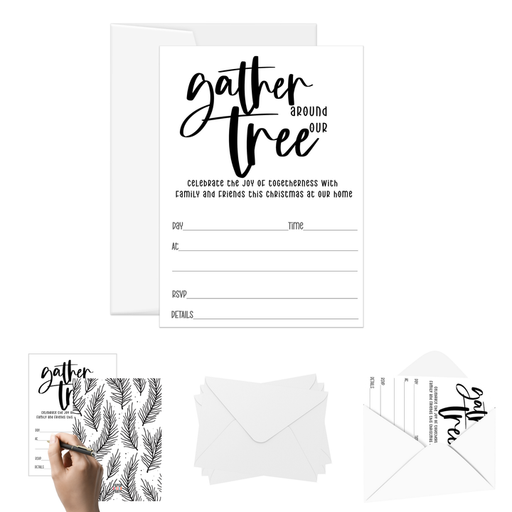 Elegant Black & White Christmas Tree Invitations - “Gather Around Our Tree” - 20 Pack - Paper Clever Party