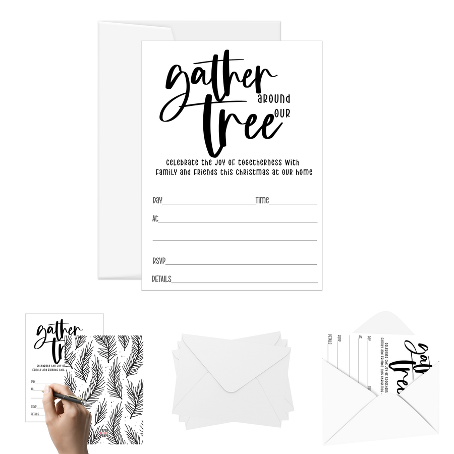 Elegant Black & White Christmas Tree Invitations - “Gather Around Our Tree” - 20 Pack - Paper Clever Party