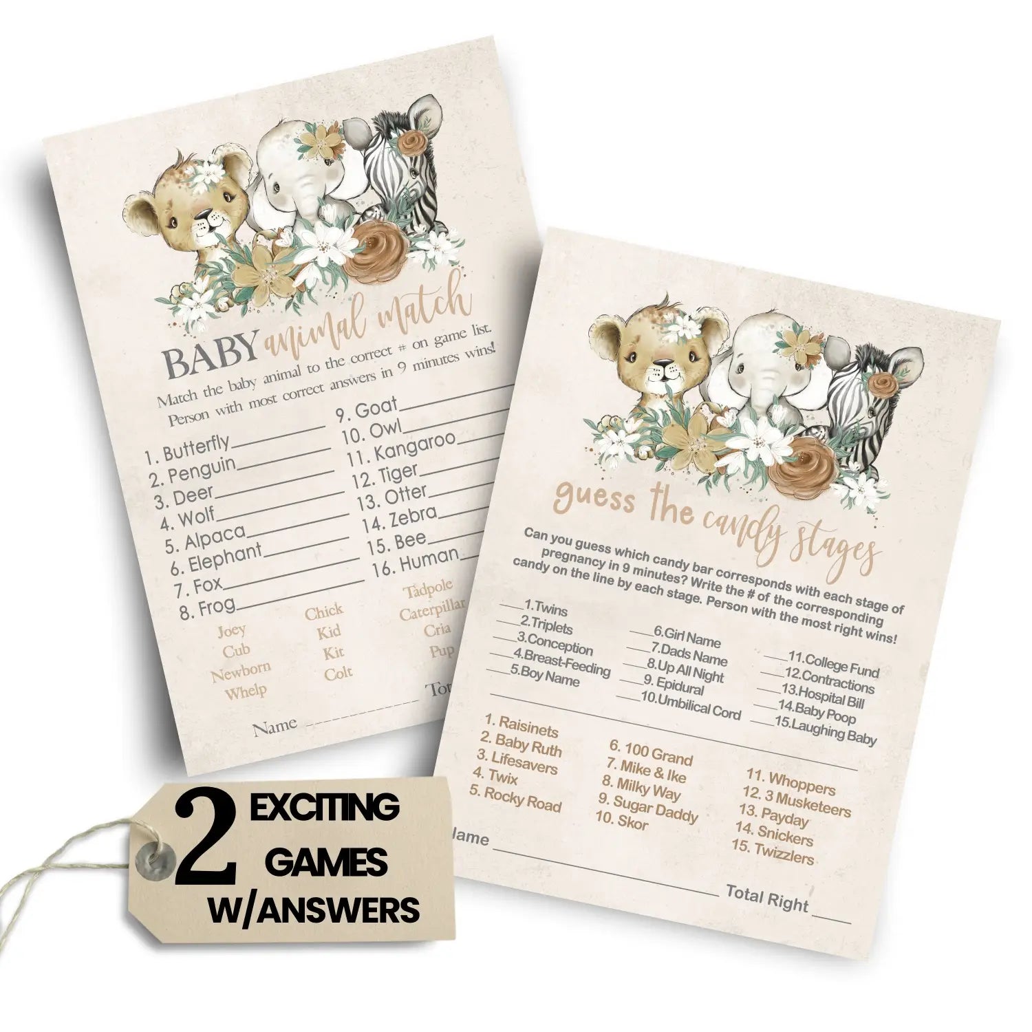 Flora safari baby shower game set for girls animal matching and candy bar greenery & gold 5x7 cards (25 ct) - party