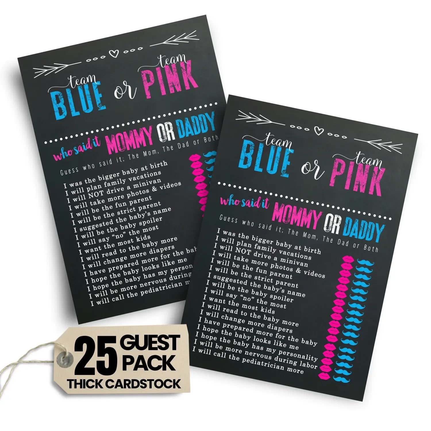 Gender reveal mommy or daddy game - 25 pack guess who activity cards for boys and girls pink blue themed 5x7 set