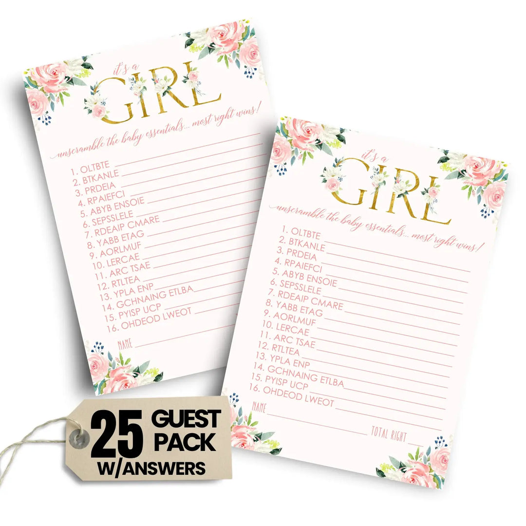 Paper Clever Party Girl Baby Shower Games Rustic - Word Scramble Cards - 25 Baby Shower Activities for Guests Prizes, Boho Floral Theme Pink and Gold Favors, Pack