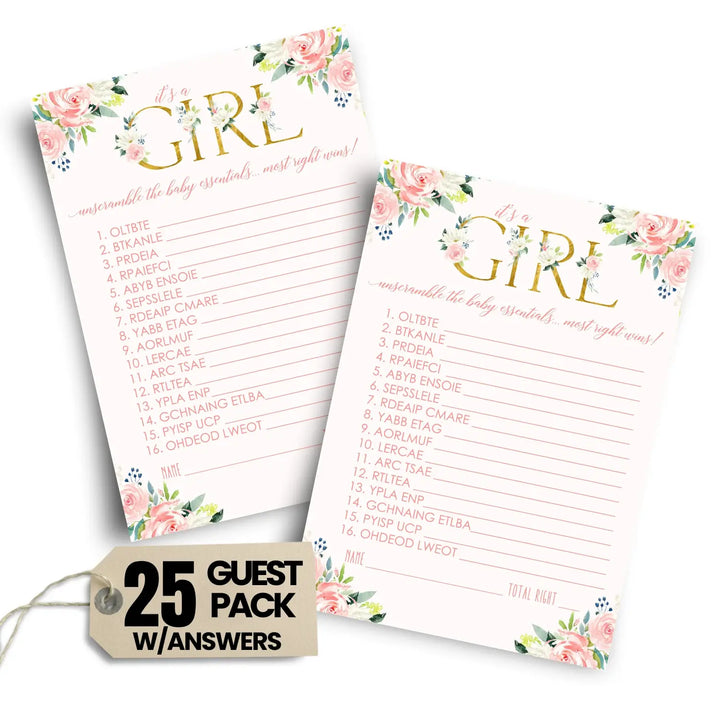 Paper Clever Party Girl Baby Shower Games Rustic - Word Scramble Cards - 25 Baby Shower Activities for Guests Prizes, Boho Floral Theme Pink and Gold Favors, Pack