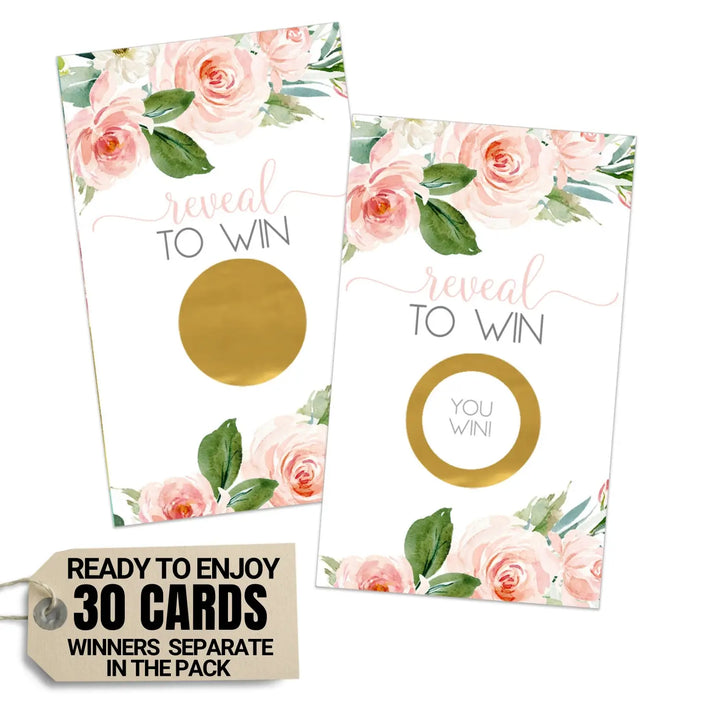 Graceful Floral Bridal Shower Scratch Off Games - 30 Cards - Fun Wedding Shower Game or Engagement Party Ideas, Rustic Greenery with Blush and Gold Themes