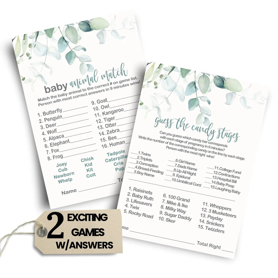 Rustic Eucalyptus Baby Shower Game Bundle, 5x7 Cards (25 ct)