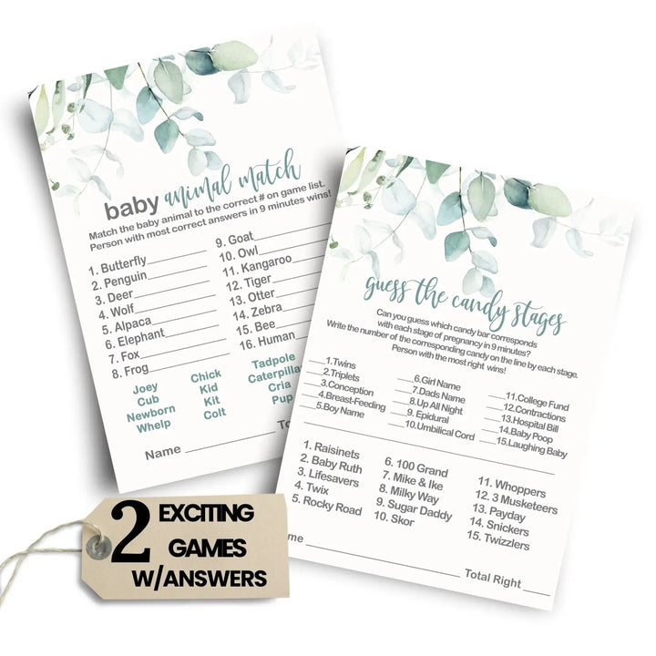 Rustic Eucalyptus Baby Shower Game Bundle, 5x7 Cards (25 ct)