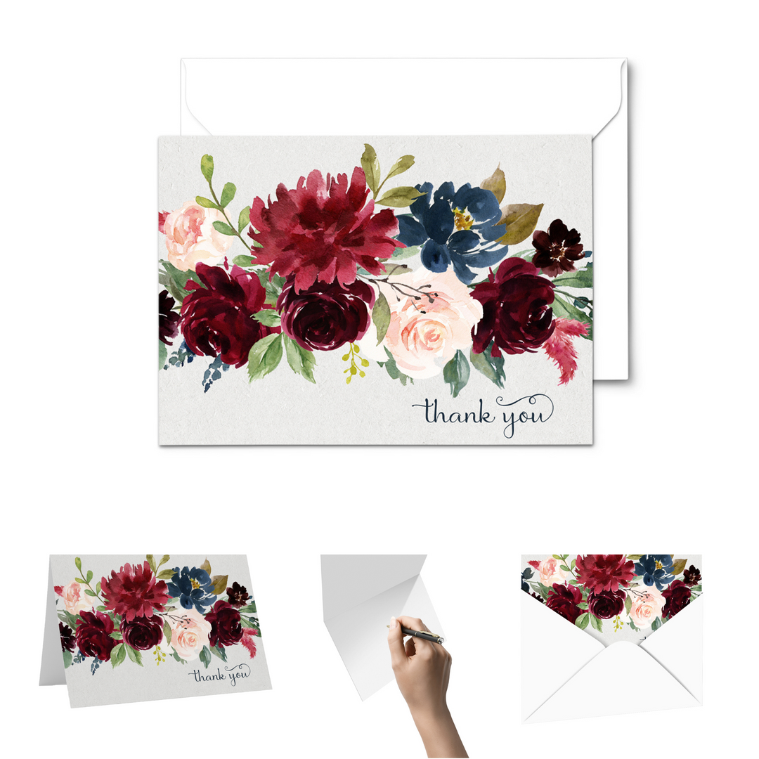 Indigo Floral Rustic Thank You Cards - 25-Pack Notecards with Envelopes for All Occasions - Paper Clever Party