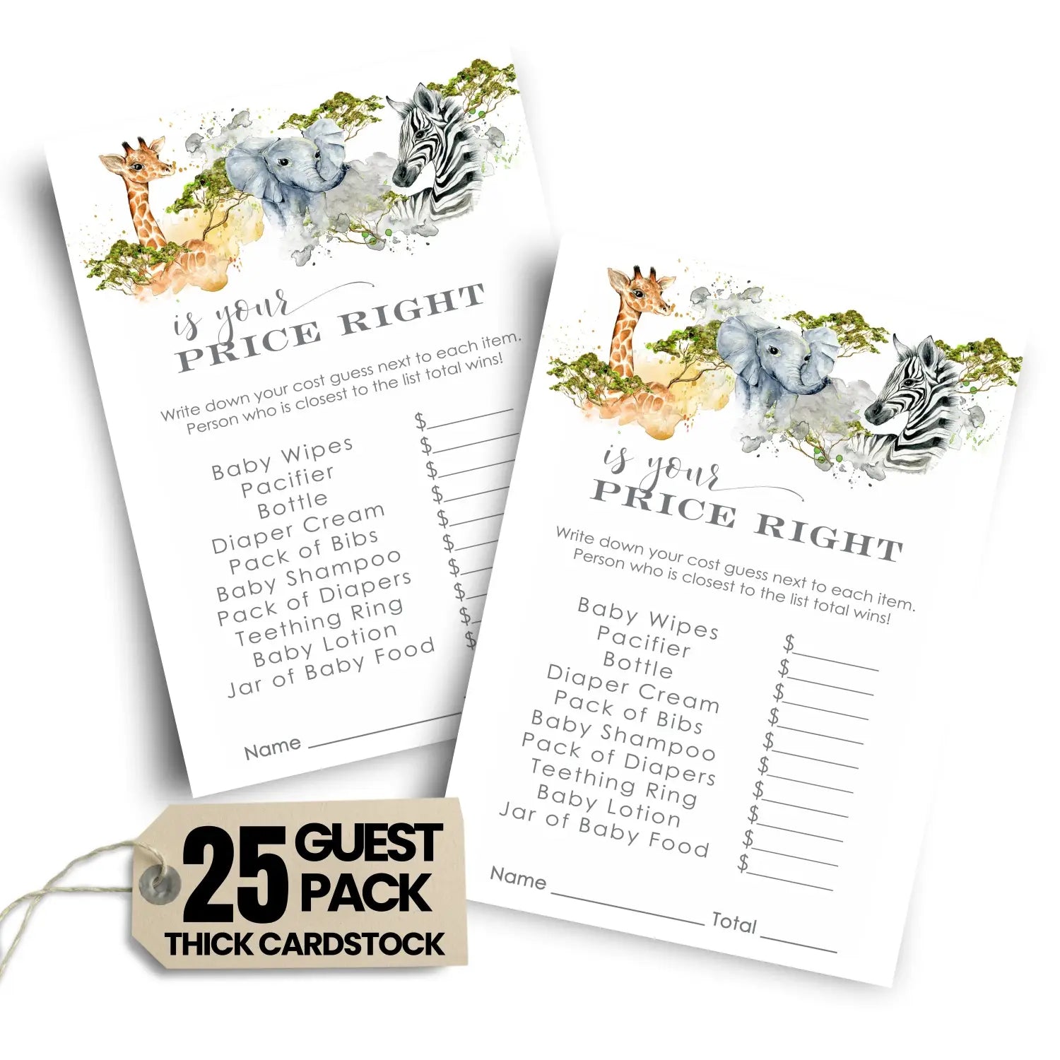 Jungle guess the price baby shower games – 25 guests neutral elephant themed activities gender reveal ideas 4x6 card