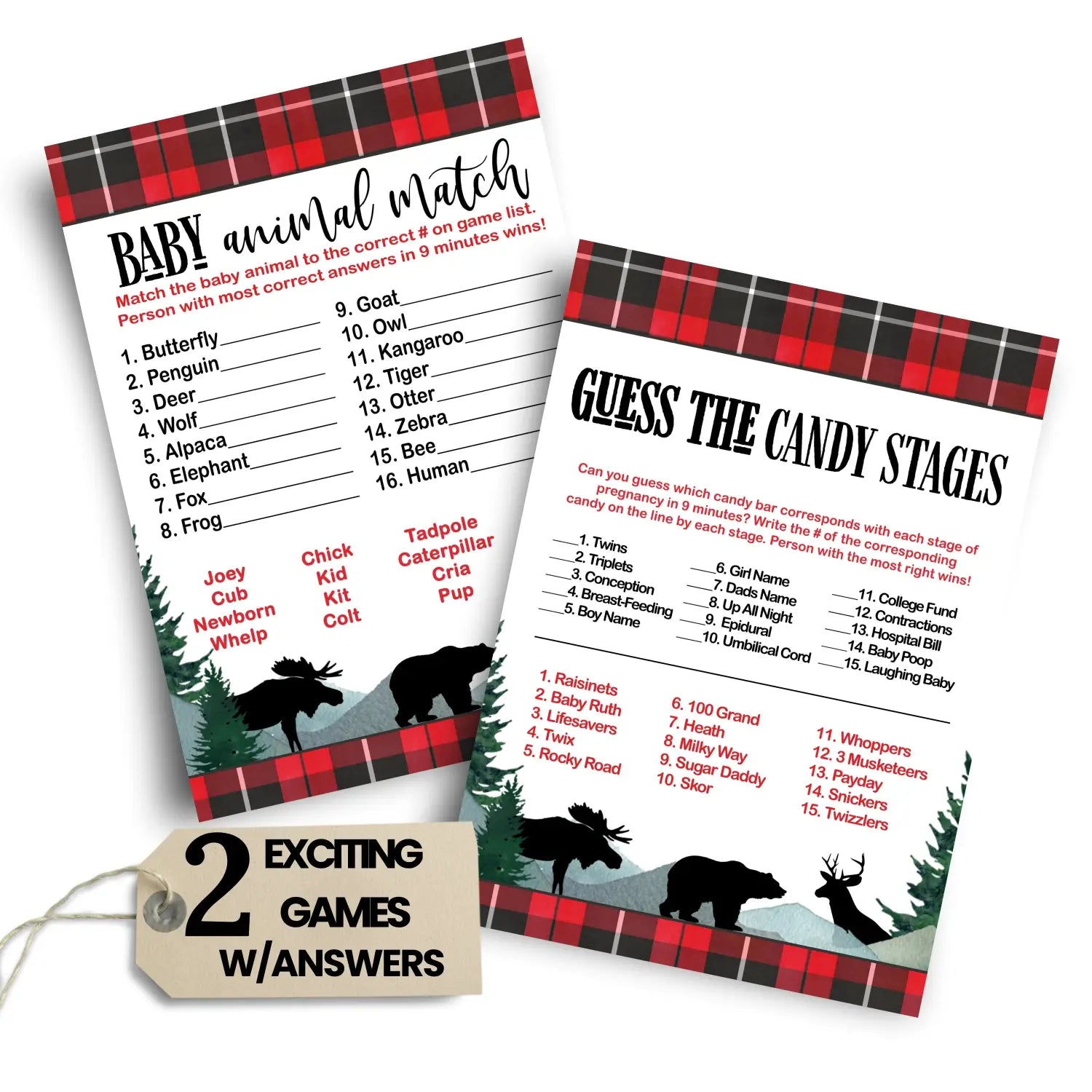 Lumberjack baby shower game set animal matching and candy bar guessing rustic red & black - party games