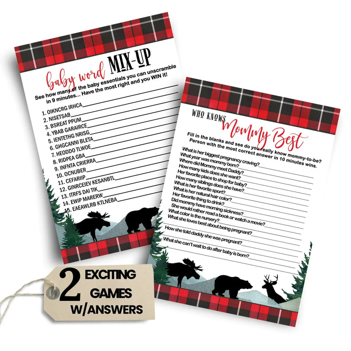 Lumberjack Baby Shower Game Set, Mommy Best and Word Scramble, Rustic Red & Black