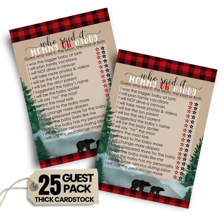 Lumberjack Mommy or Daddy Baby Shower Game - 25 Pack Guess Who Activity Cards, Plaid Red and Black Bear Themed Favors, Printed 5x7 Set