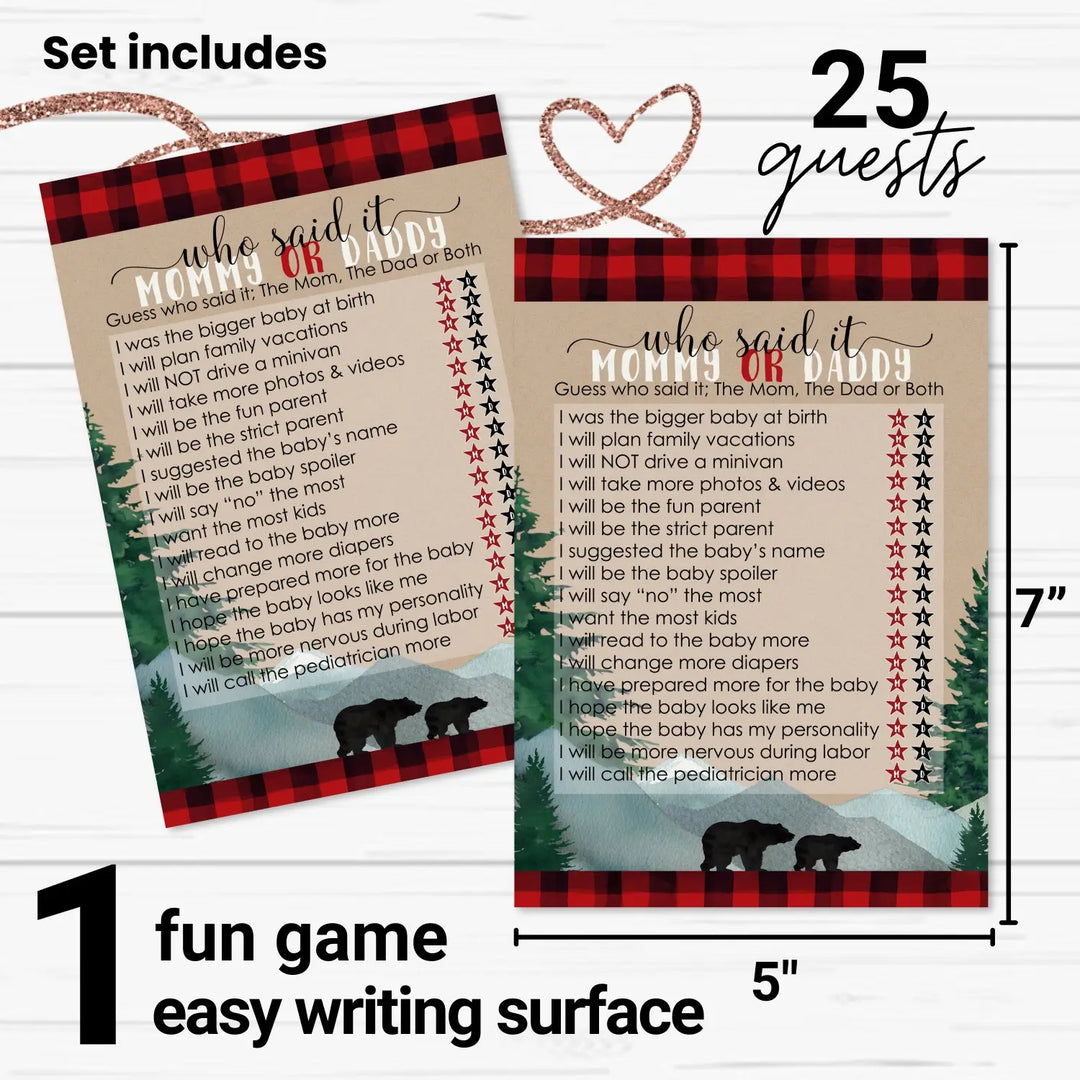 Lumberjack Mommy or Daddy Baby Shower Game - 25 Pack Guess Who Activity Cards, Plaid Red and Black Bear Themed Favors, Printed 5x7 Set