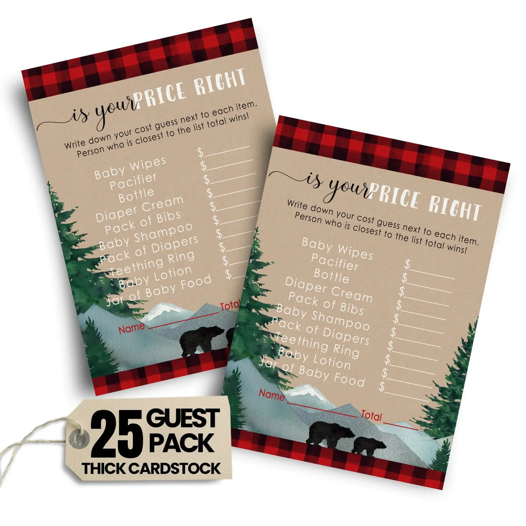 Lumberjack Guess the Price Baby Shower Games – 25 Guests, Rustic Bear Themed Activities for Boys, Red and Black Plaid 4x6 Card Set