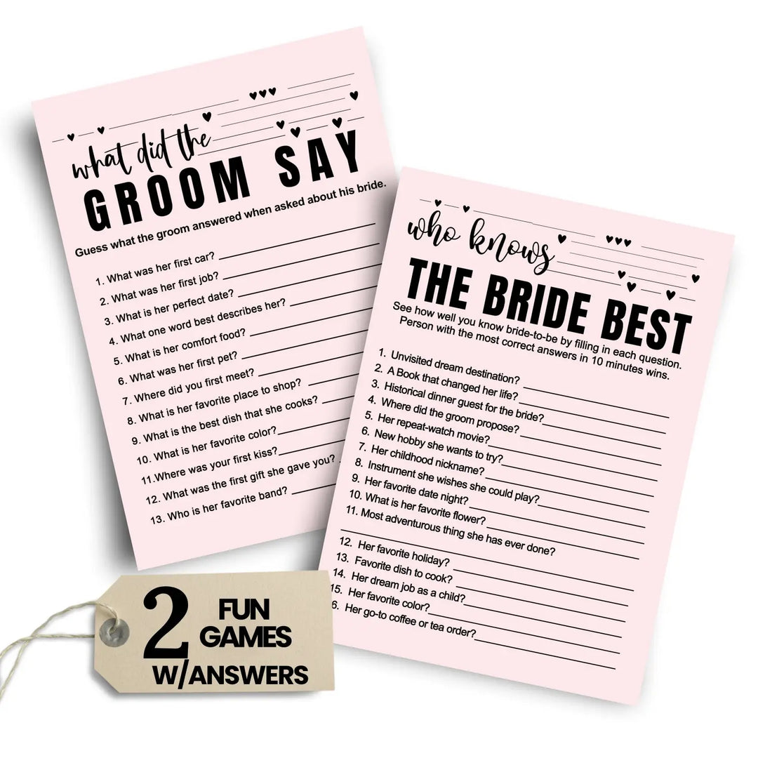 Paper Clever Party Bridal Shower Games - 25 Cards - What Did the Groom Say & Who Knows the Bride Best Wedding Activity - Engagement, Rehearsal Dinner, Modern Pink and Black Design