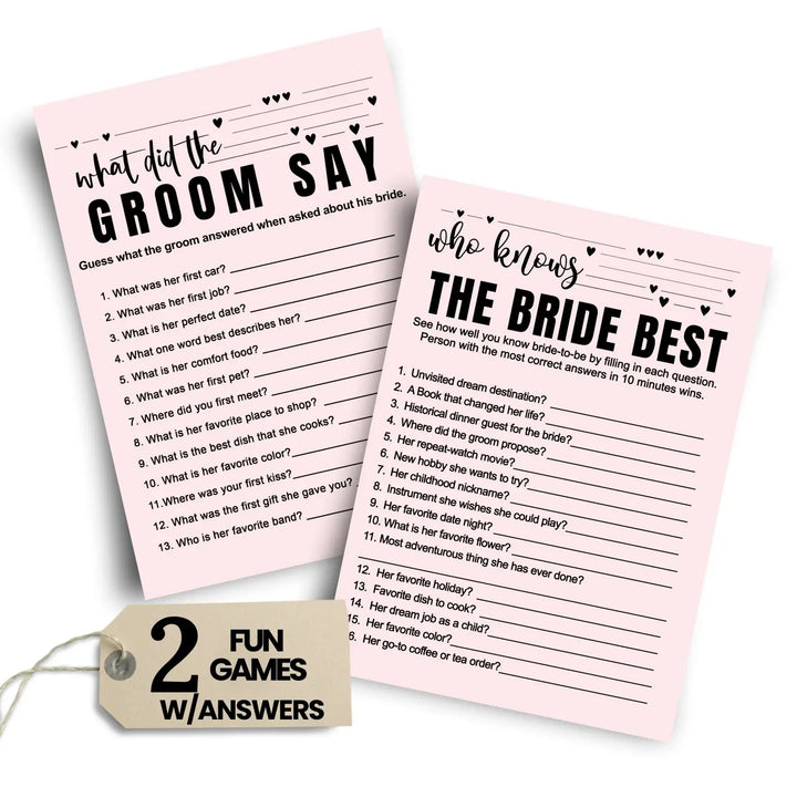 Paper Clever Party Bridal Shower Games - 25 Cards - What Did the Groom Say & Who Knows the Bride Best Wedding Activity - Engagement, Rehearsal Dinner, Modern Pink and Black Design